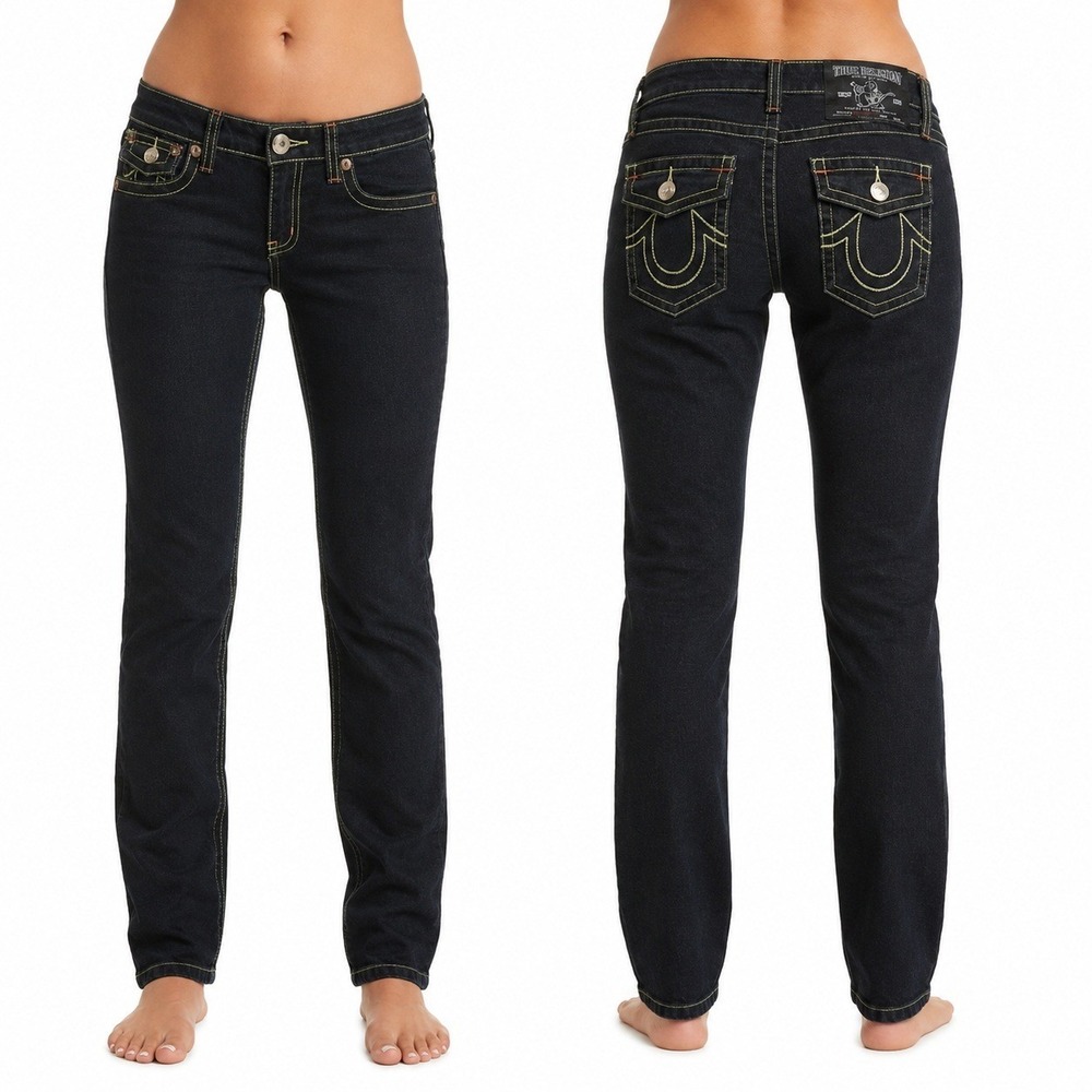 True Religion Billy Super T Straight Leg Jeans Green Stitching 26